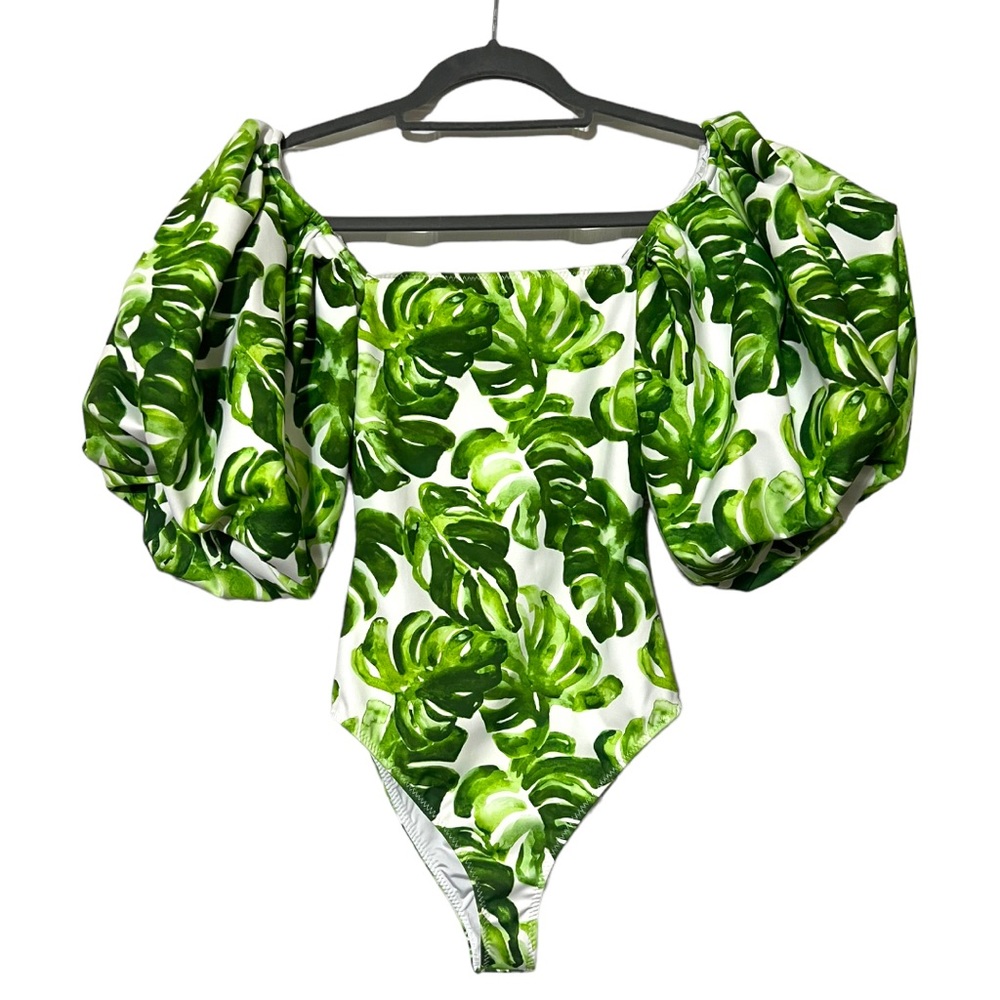 Caroline Constas Nova Off-Shoulder Puff Sleeve One Piece in Green Palm Leaf XS - Picture 3 of 10